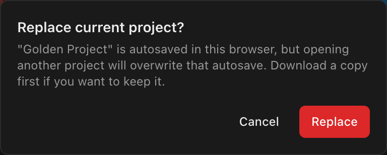 The Replace current project dialog with its red Replace button