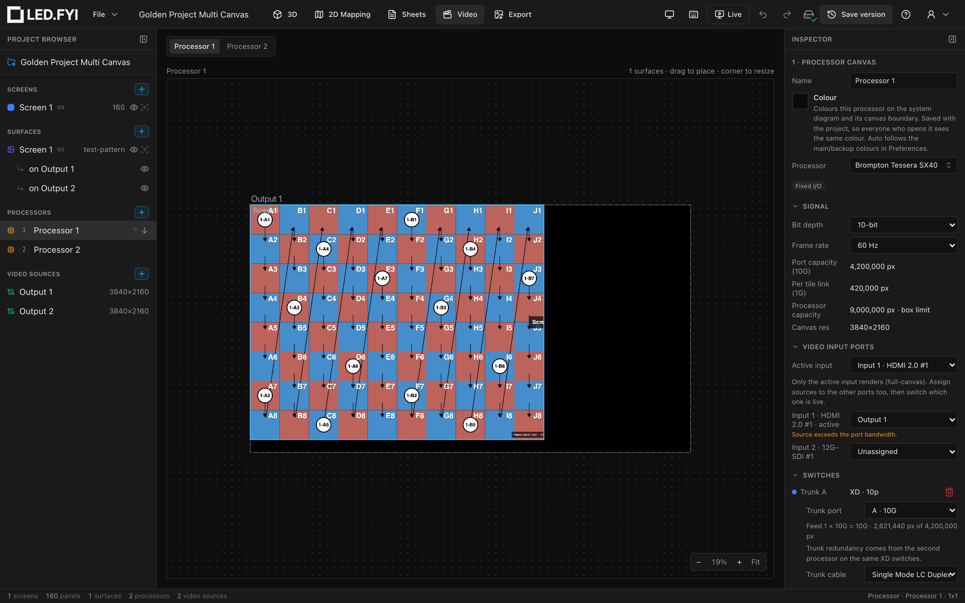 The Video workbench on Processor 1 of a 160-panel screen split across two processors: the left half's bound slice on its 4K video source