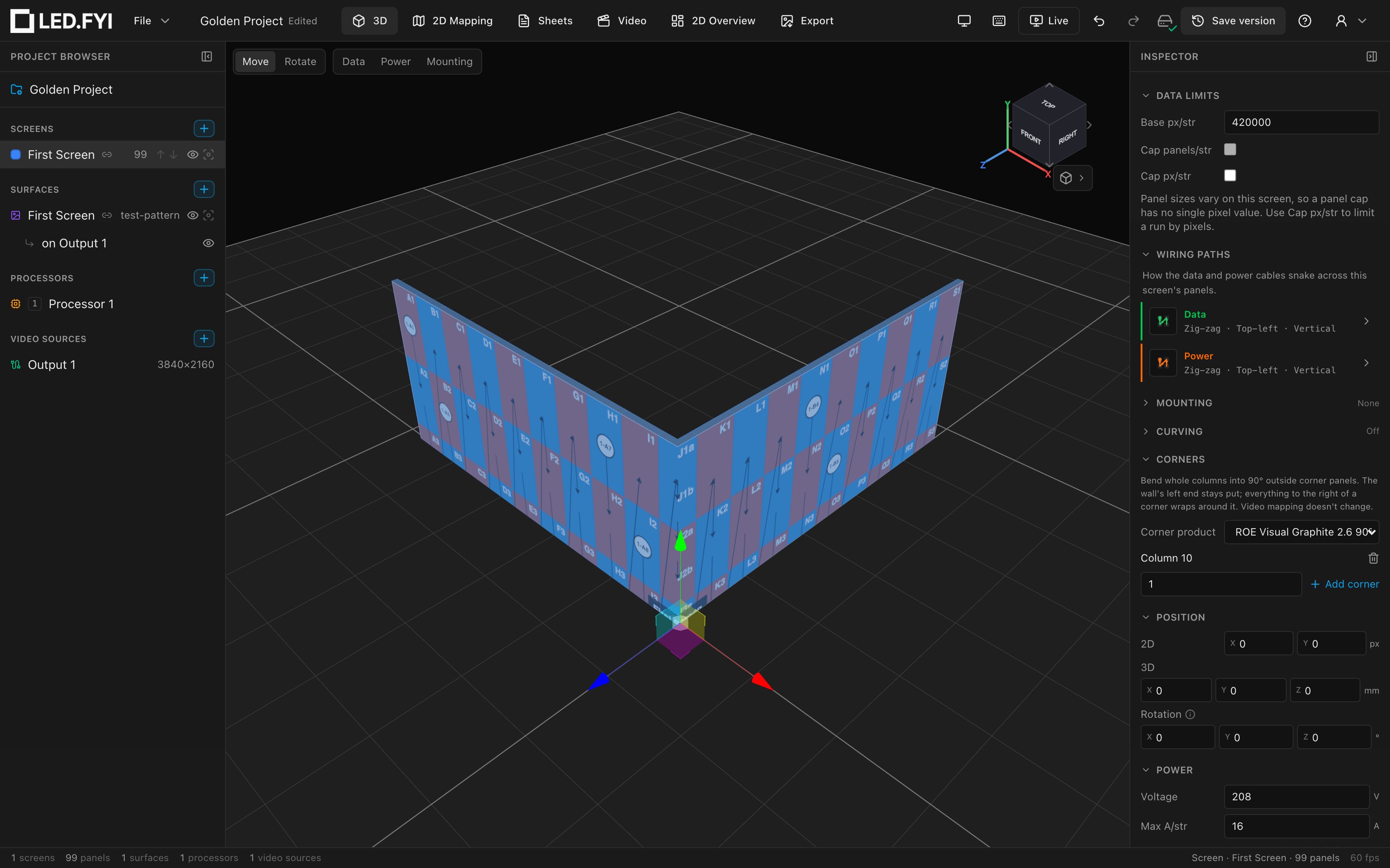 A wall wrapping a 90° corner in the 3D workbench