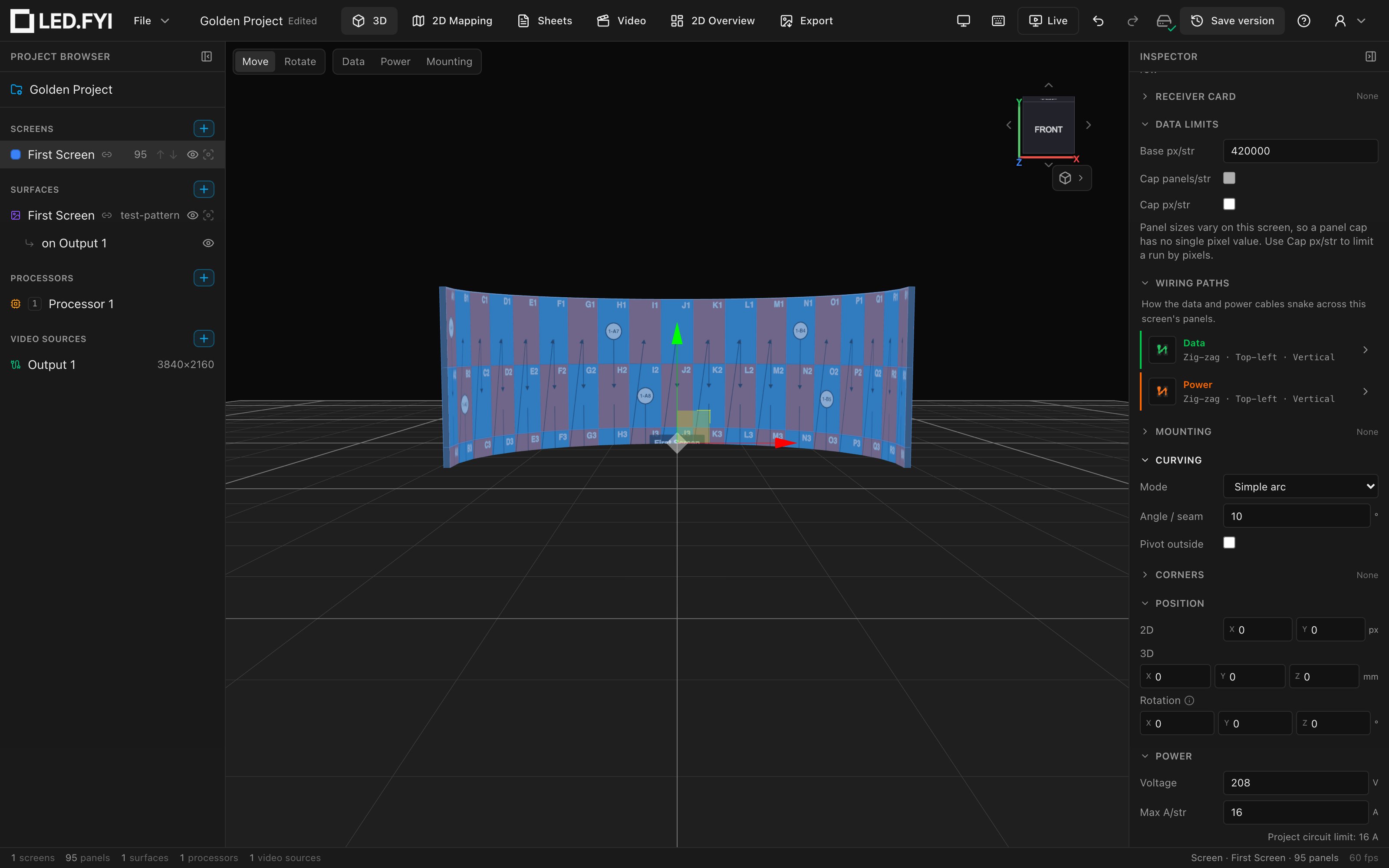 A curved 19×5 wall in the 3D workbench with the screen inspector open on the right