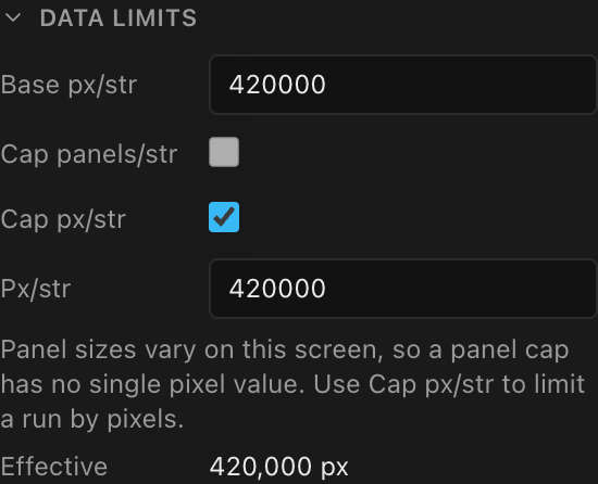 The screen's Data limits section with the artificial pixel cap enabled