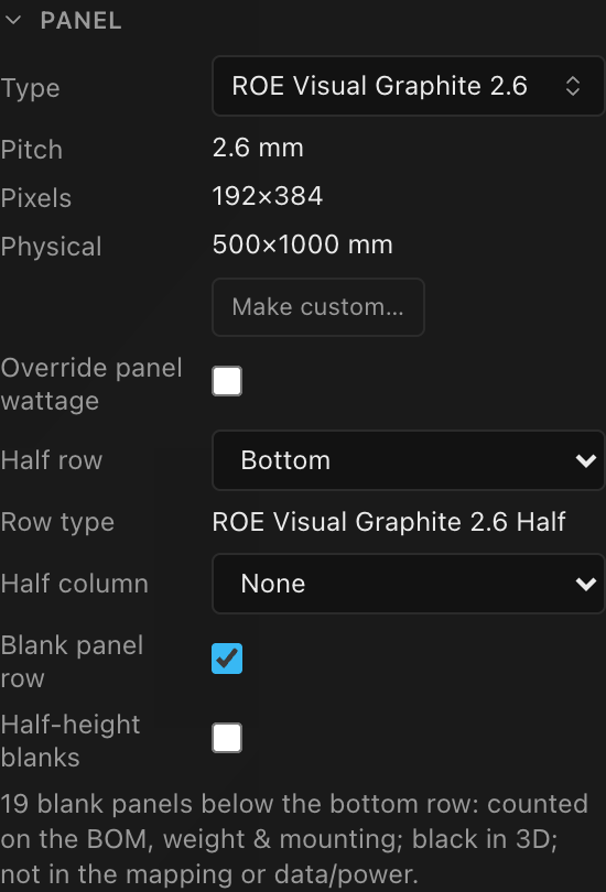 The Panel section with Half row set to Bottom and the blank panel row enabled