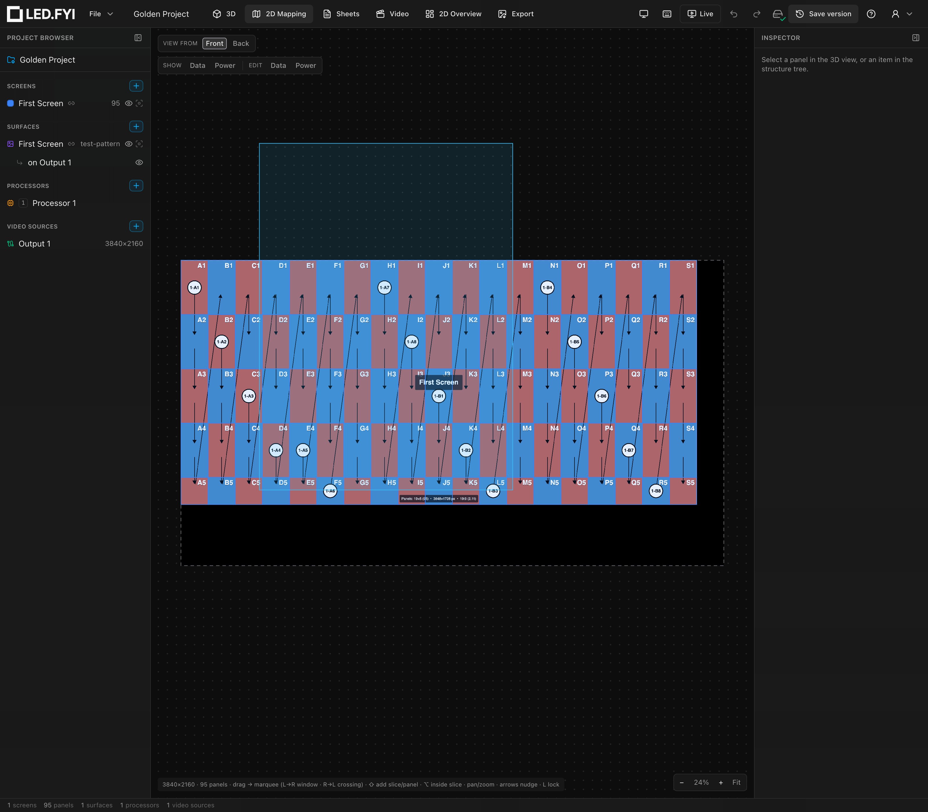 Mid-drag marquee selection over a block of panels in the 2D mapping view
