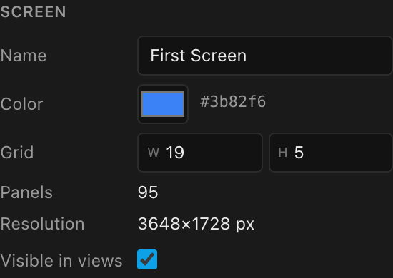 The Screen section: name, color, grid dimensions, and the panel and resolution read-outs