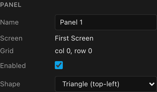 The Shape dropdown on a custom-screen panel, set to Triangle (top-left)
