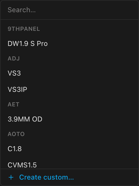 The panel type picker: search box, brand-grouped list, and the Create custom footer