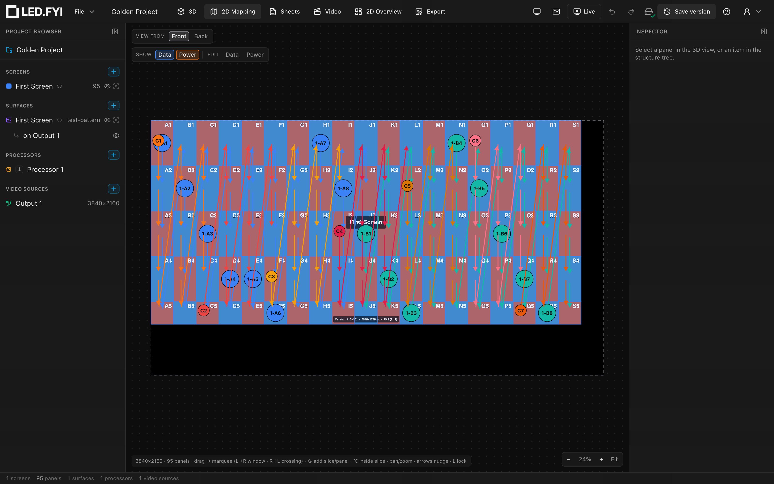 The 2D Mapping view with both the data and power wiring overlays turned on