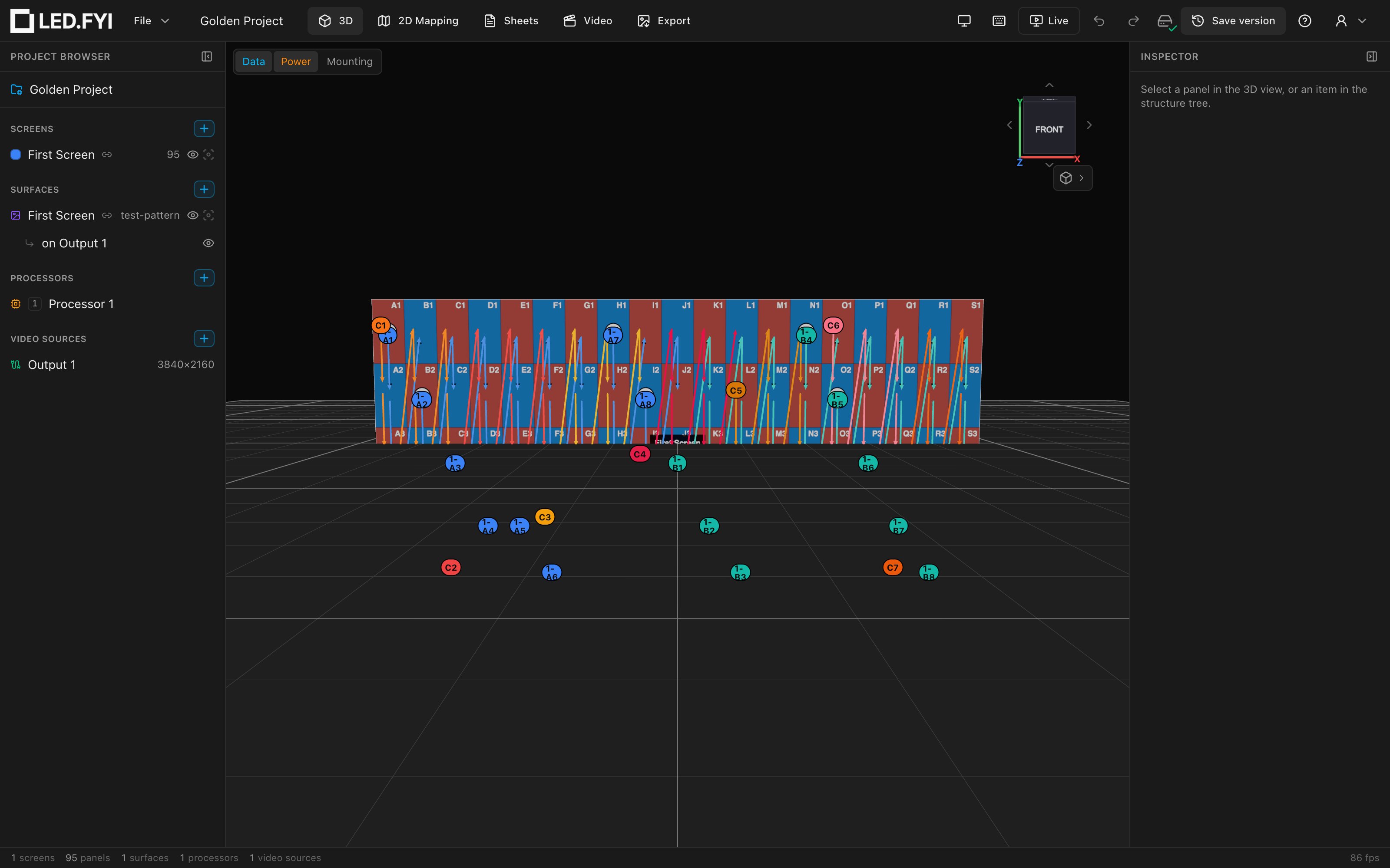 The 3D view with data and power overlays threading through the wall