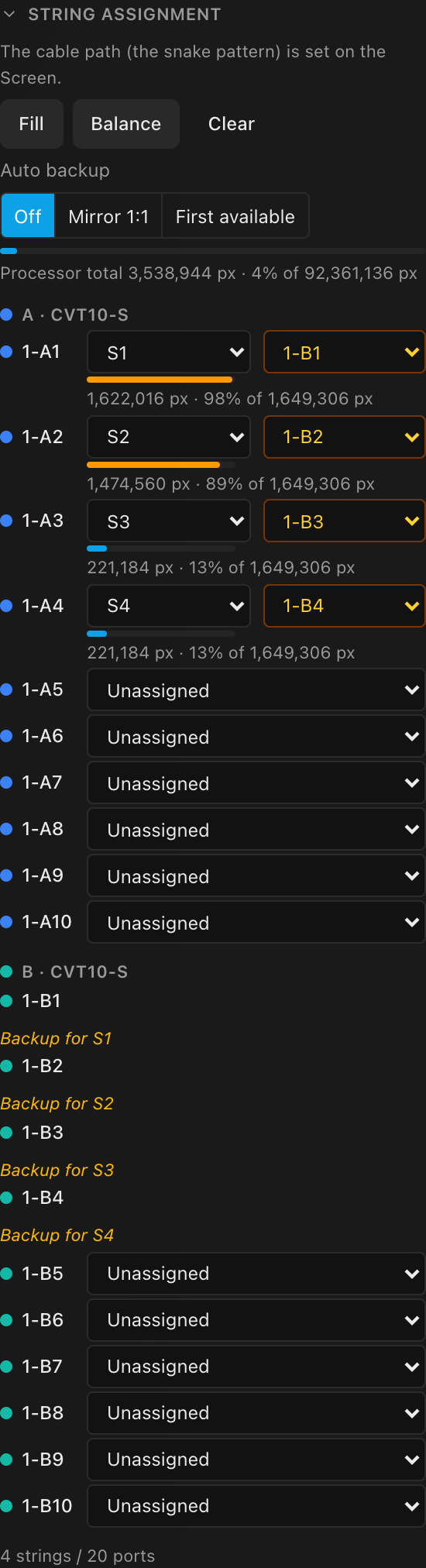 String rows with the amber backup-port pickers populated (B1–B4)