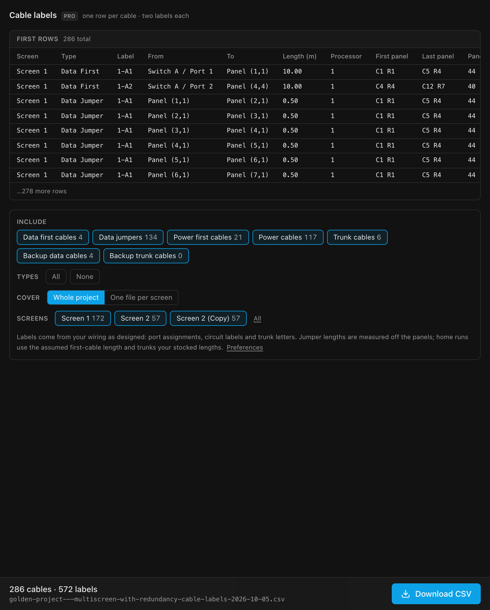 The Cable labels tab: the first rows of the real file, cable-type chips with counts, and Download CSV