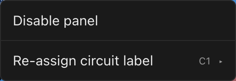 The right-click menu on a power-chain head panel, with the Re-assign circuit label row showing the circuit's current label