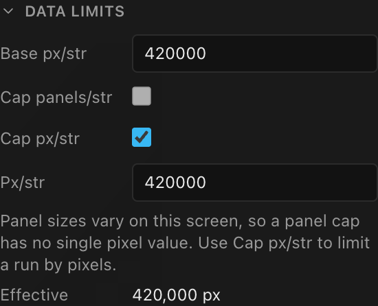 The screen's Data limits section: Base px/str, the panel cap, the artificial pixel cap and the effective limit