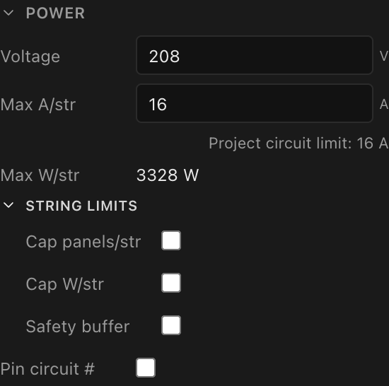 The screen Power section: voltage, amps, derived watts, the String limits fold and the circuit start pin