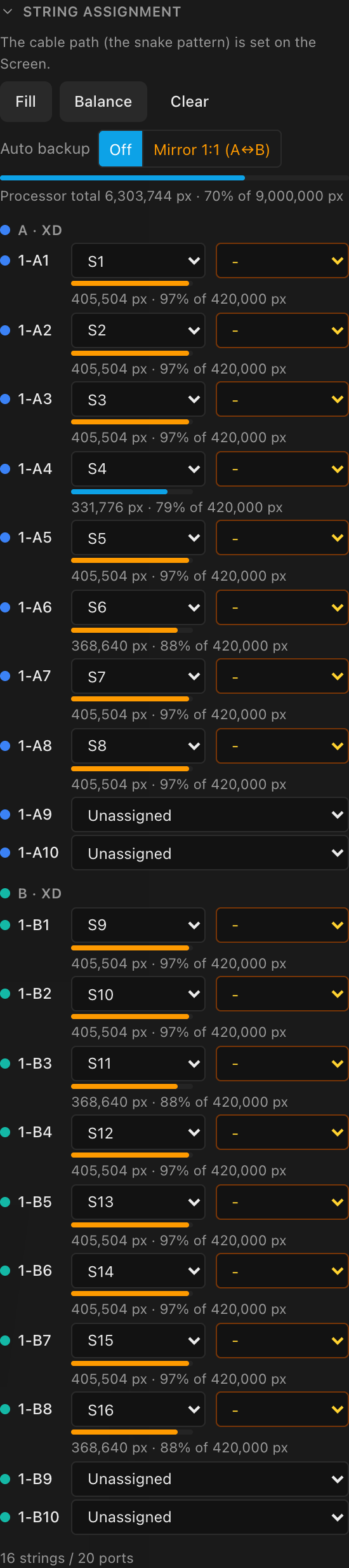The String assignment section: Fill/Balance/Clear, a row per port grouped under each switch, string pickers, backup pickers, and live capacity bars