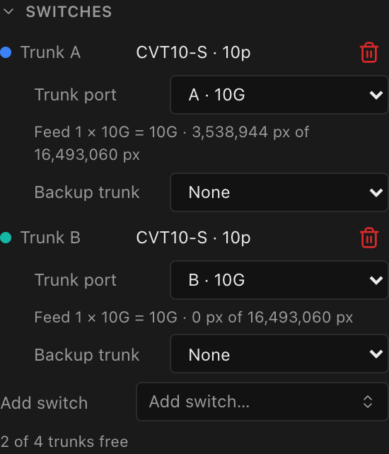 A Switches section with Backup trunk pickers under each switch row