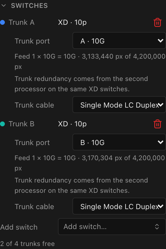 The Switches section: trunk letter and color, switch model and port count, Add switch, and the trunks-free footer