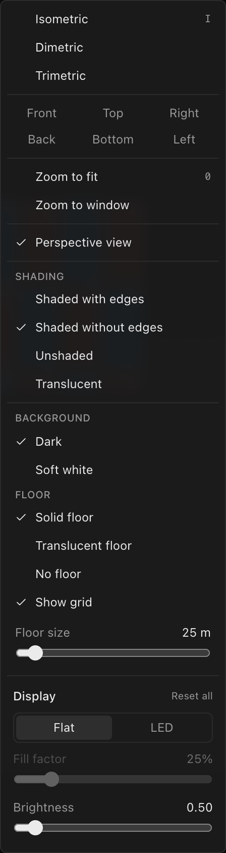 The nav-cube menu: axonometric views, face-view grid, zoom, projection, shading, background and display controls