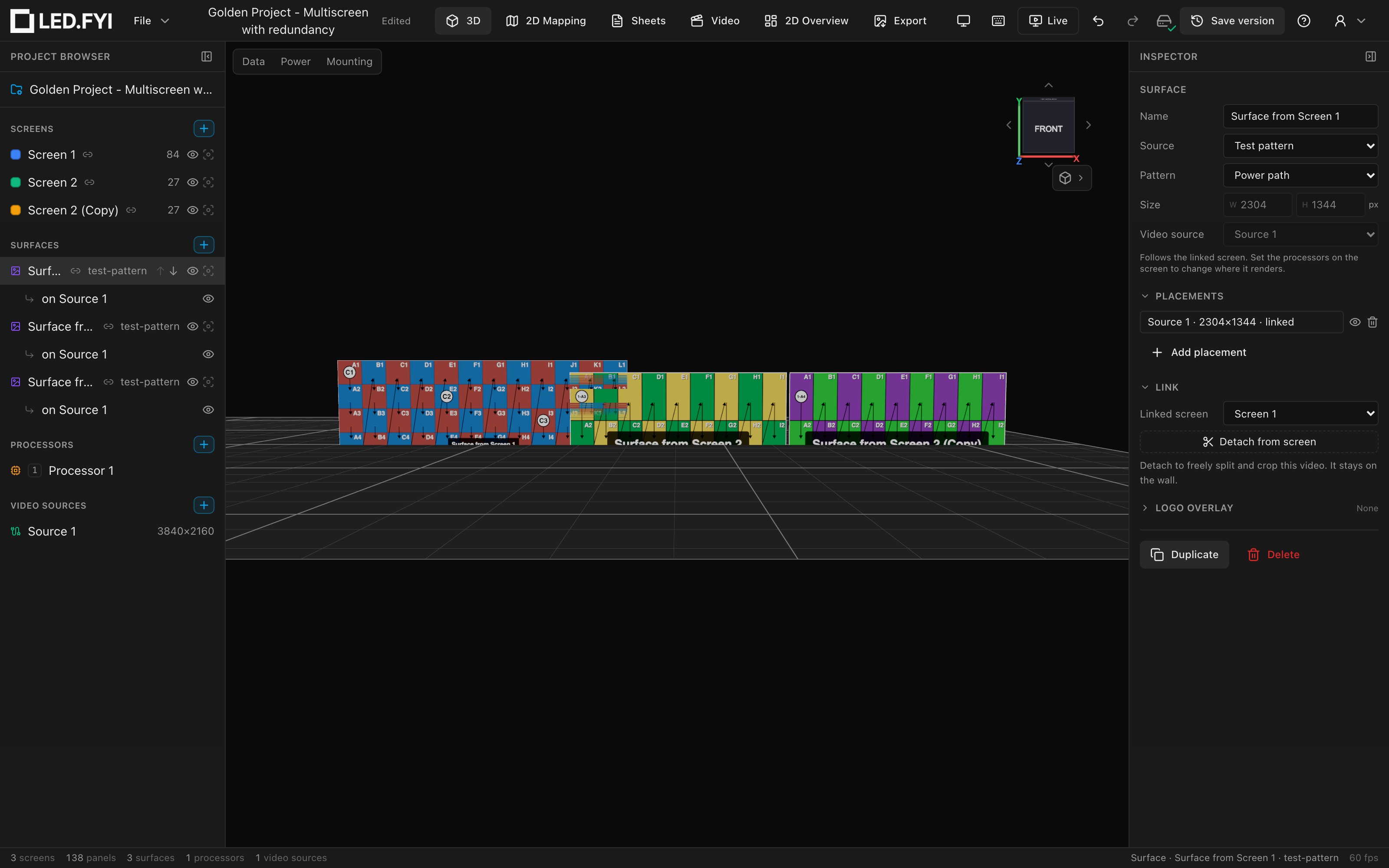 The power-path pattern on a linked screen: daisy-chain routing per column with circuit labels