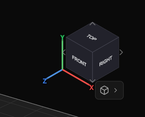 The ViewCube: labelled cube, X/Y/Z corner axes, four orbit chevrons, and the menu button below