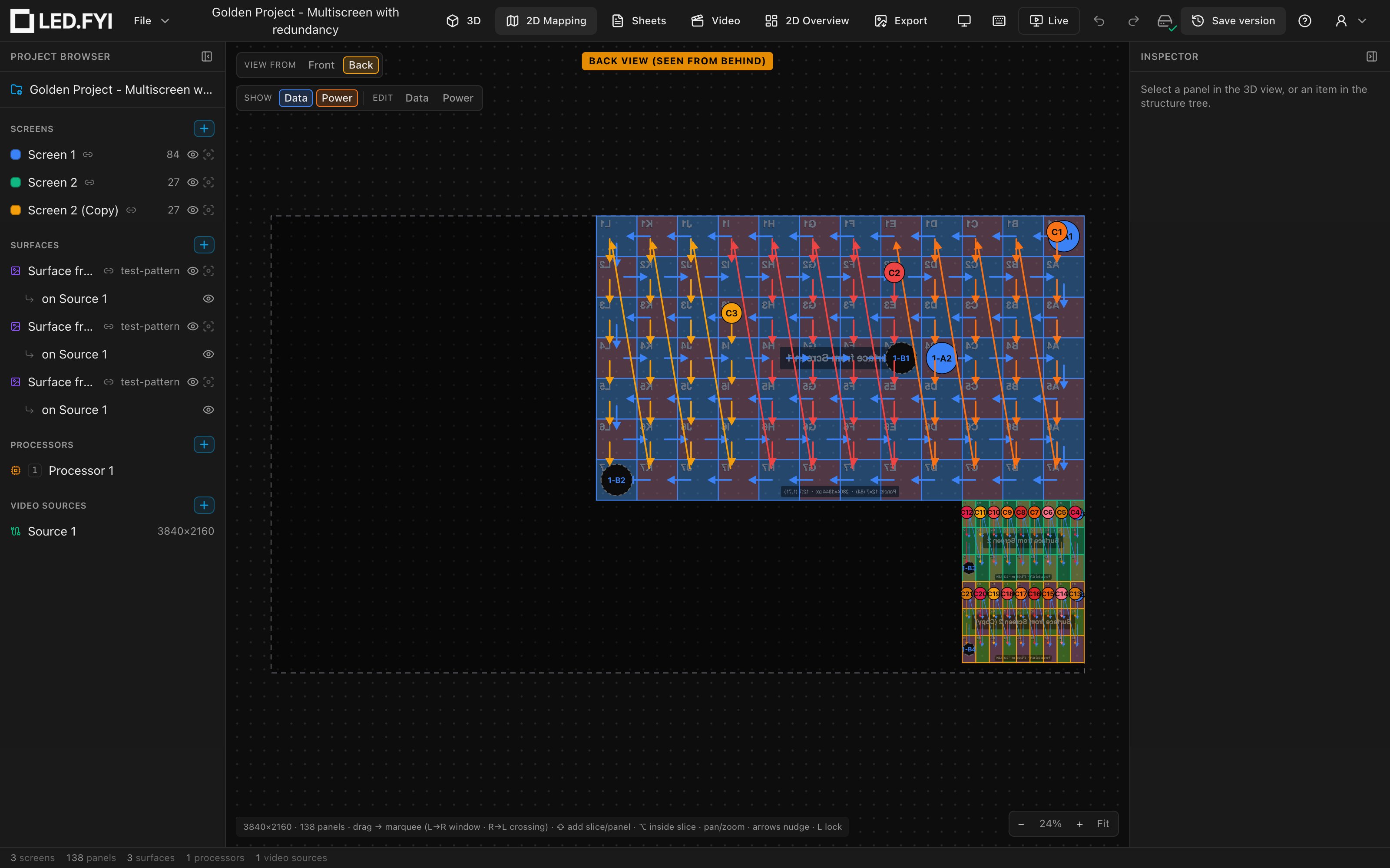 The 2D Mapping workbench in Back view: the canvas mirrored left-to-right with the amber BACK VIEW badge at the top, the content faded behind the panels, and the data and power chips still reading normally
