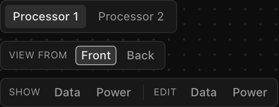 The top-left control stack on a two-processor project: the canvas switcher pills (Processor 1 active) above the Show/Edit wiring toolbar