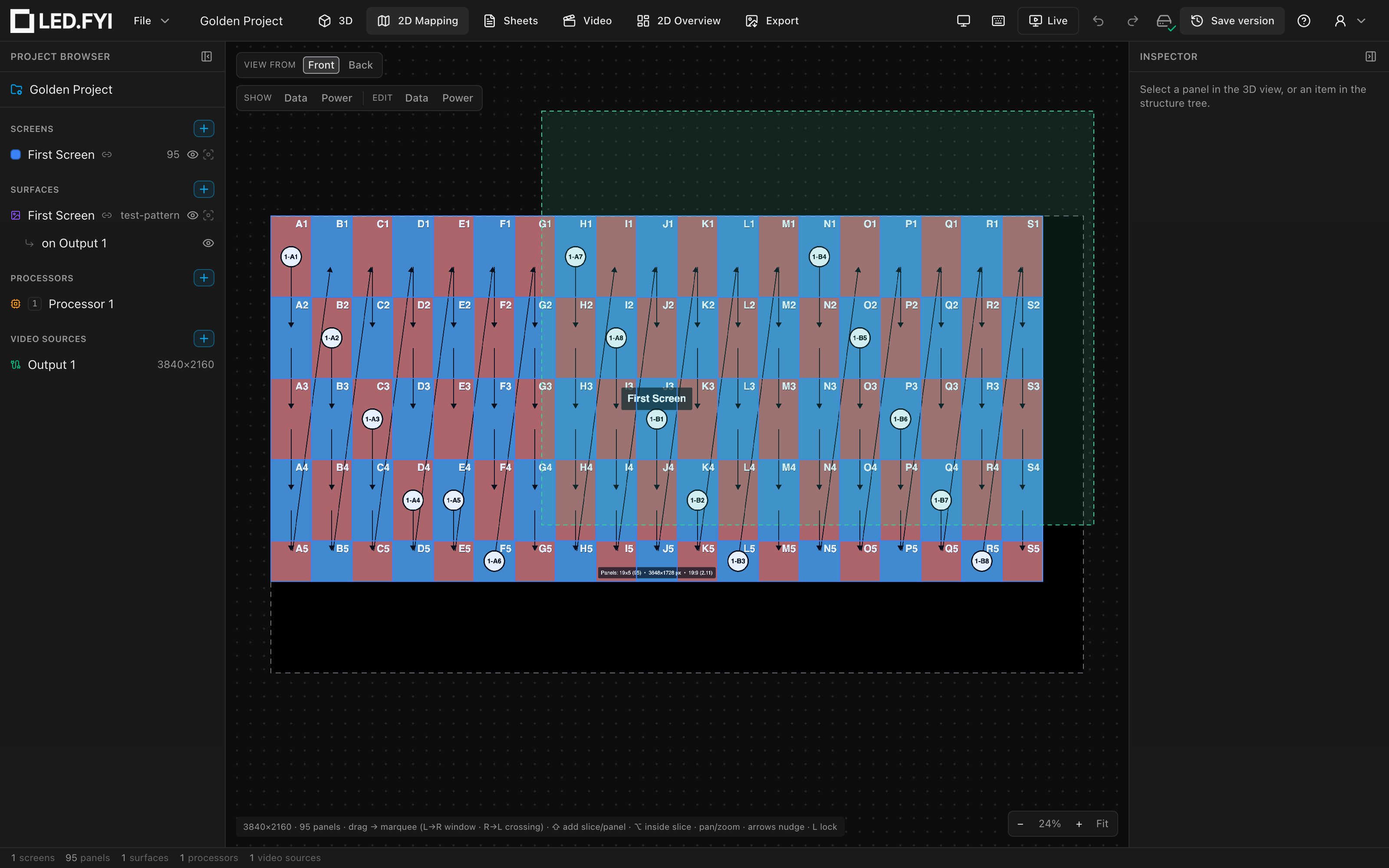 A right-to-left crossing marquee mid-drag: the dashed green box selects every panel it touches