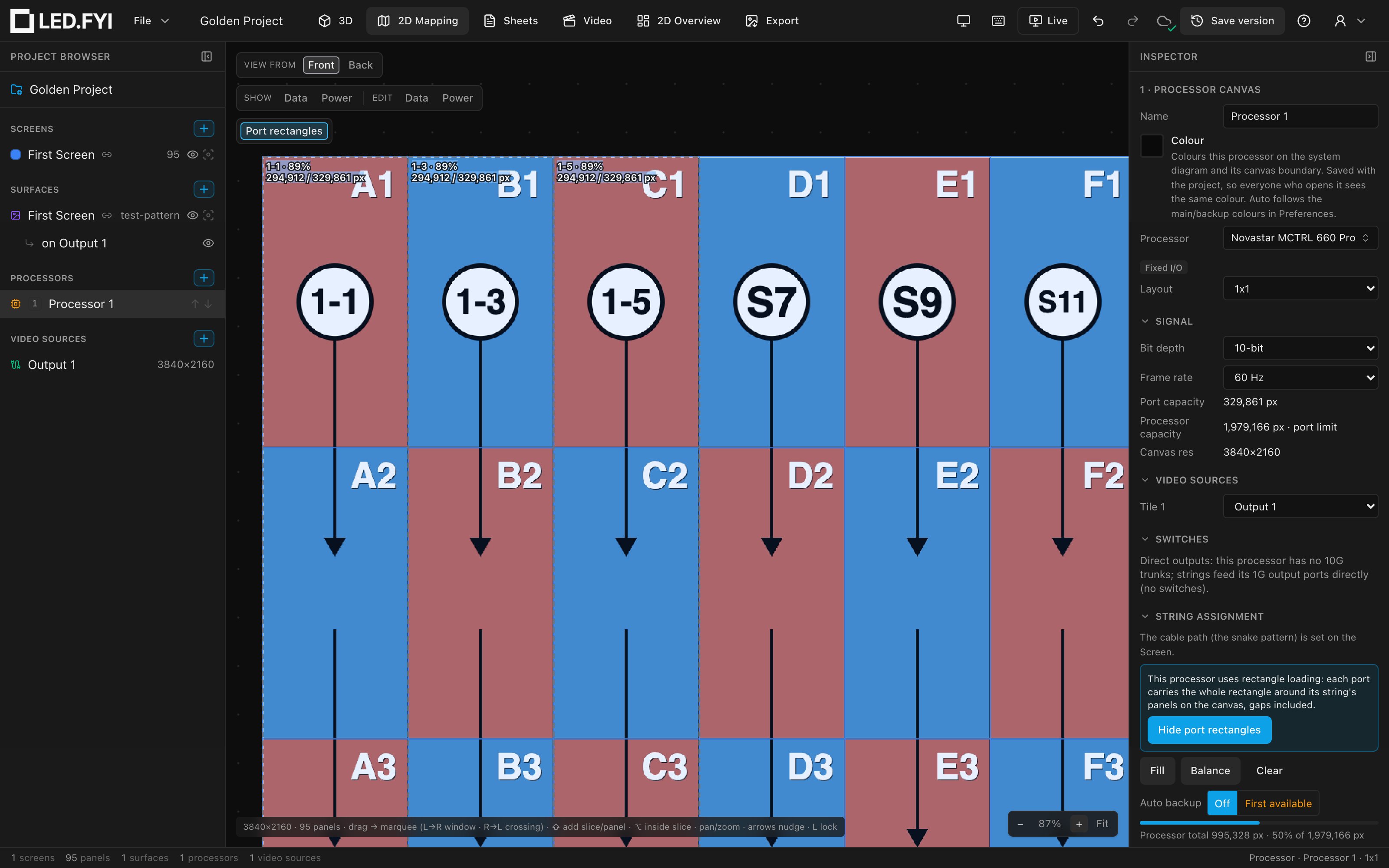 Port rectangles on an MCTRL 660 Pro: a dashed, animated box around each port's string, labelled with the port and its load against the port's limit