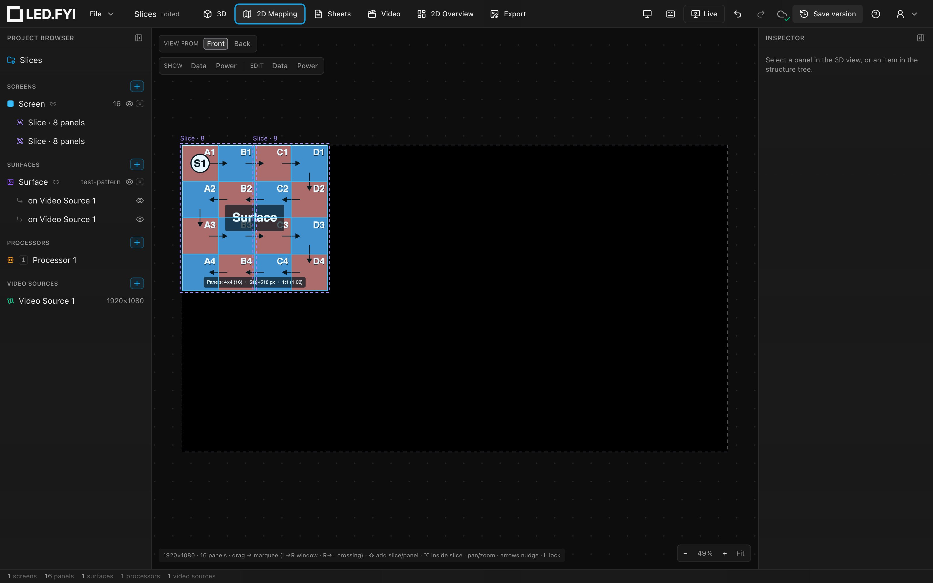 Two slices cut from one 4×4 screen on the mapping canvas: the dashed violet outlines and their Slice · 8 badges