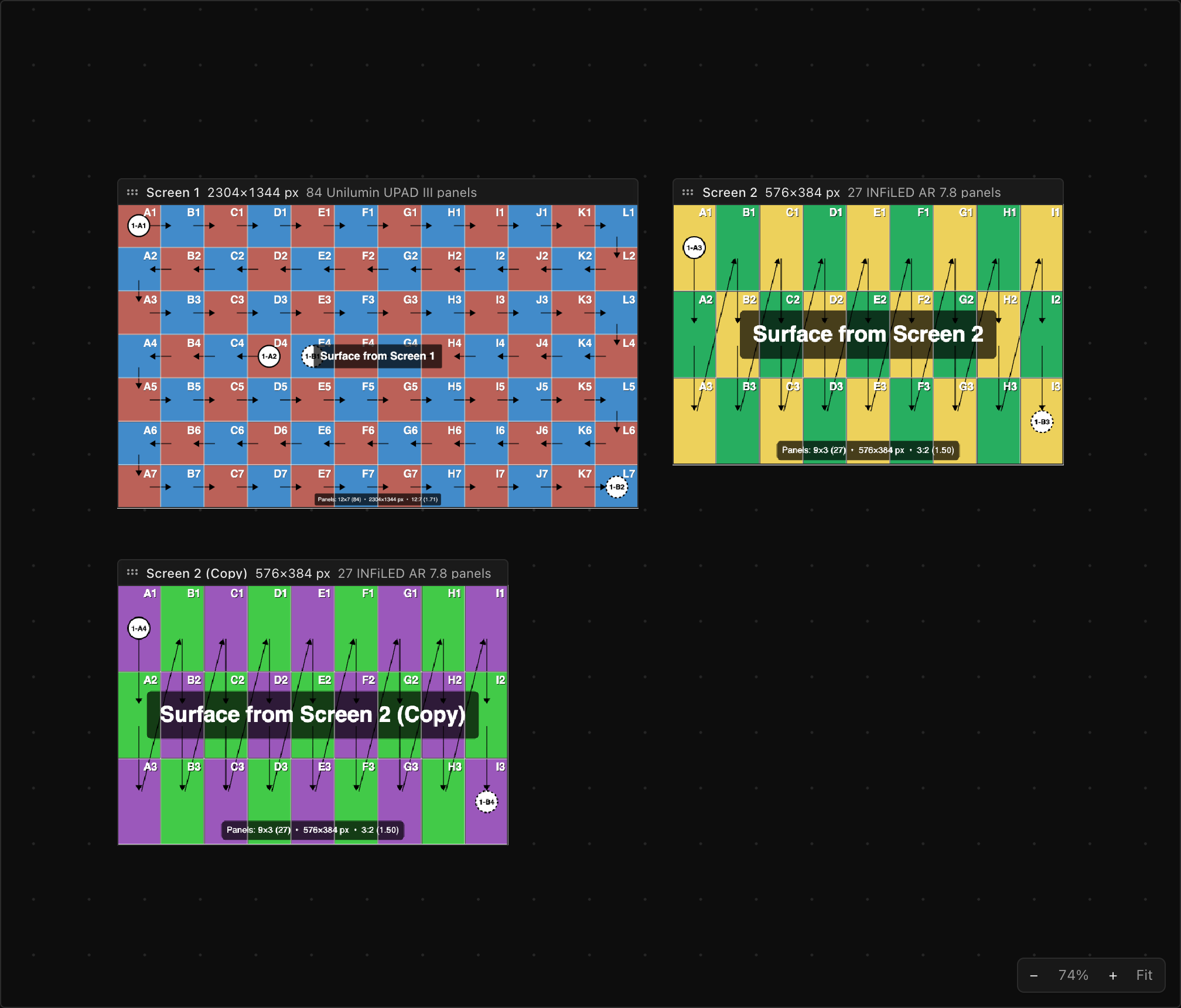 The 2D Overview board: three screens laid flat, each showing its live picture, with a title bar above each