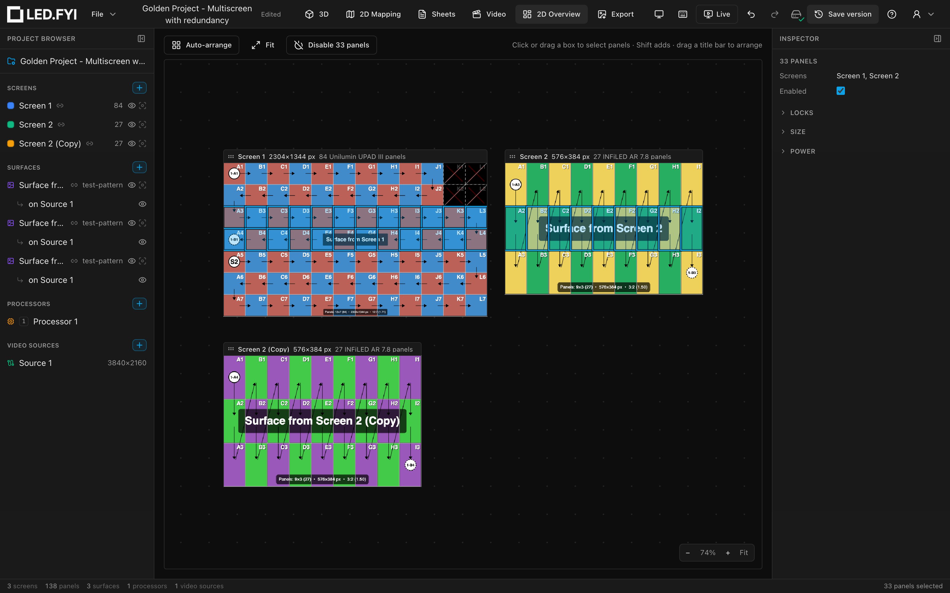 Panels selected across two screens on the 2D Overview, some already disabled, with the group Inspector on the right