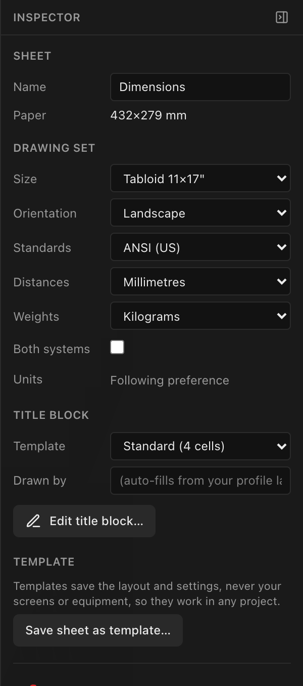 The Wall Elevation block Inspector: Source, Scope, Titles, split actions, Dimensions, Mounting hardware, scale presets, Placement and Order