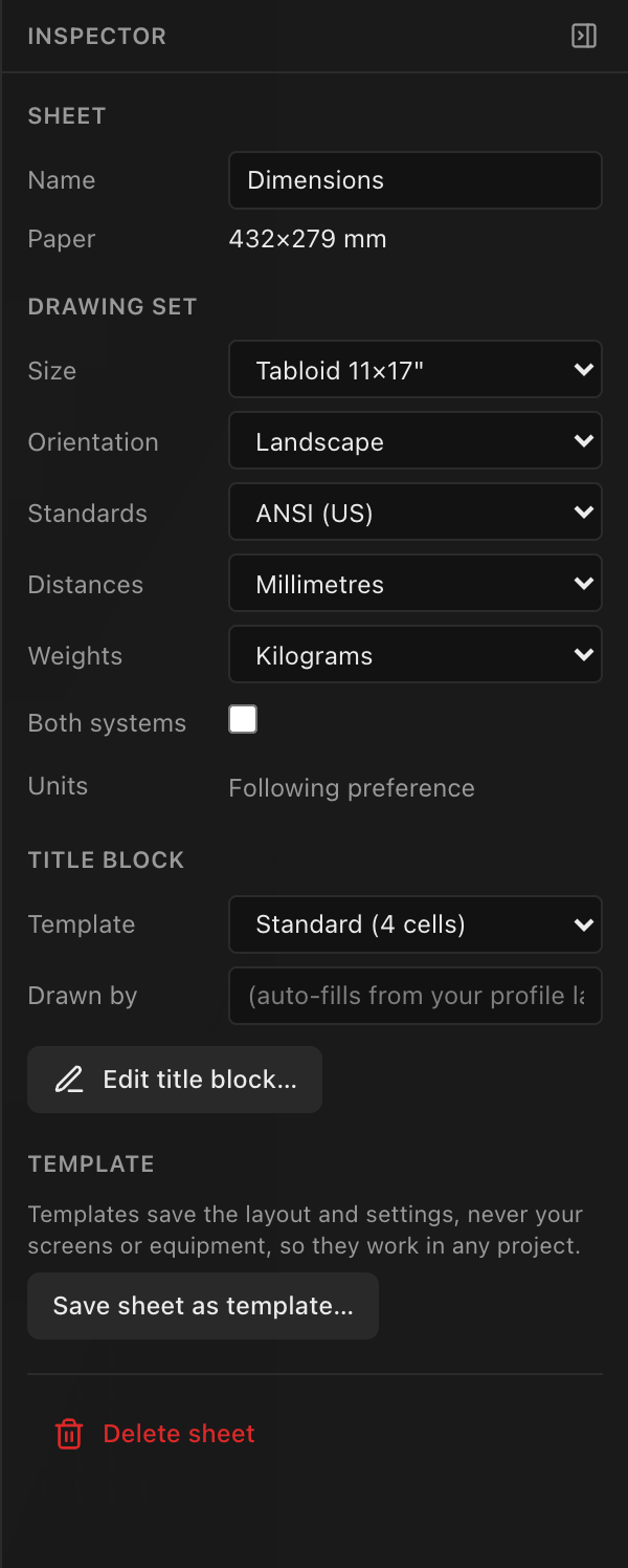 The sheet Inspector: Sheet name and paper, the set-wide Drawing set settings, and the Title block section