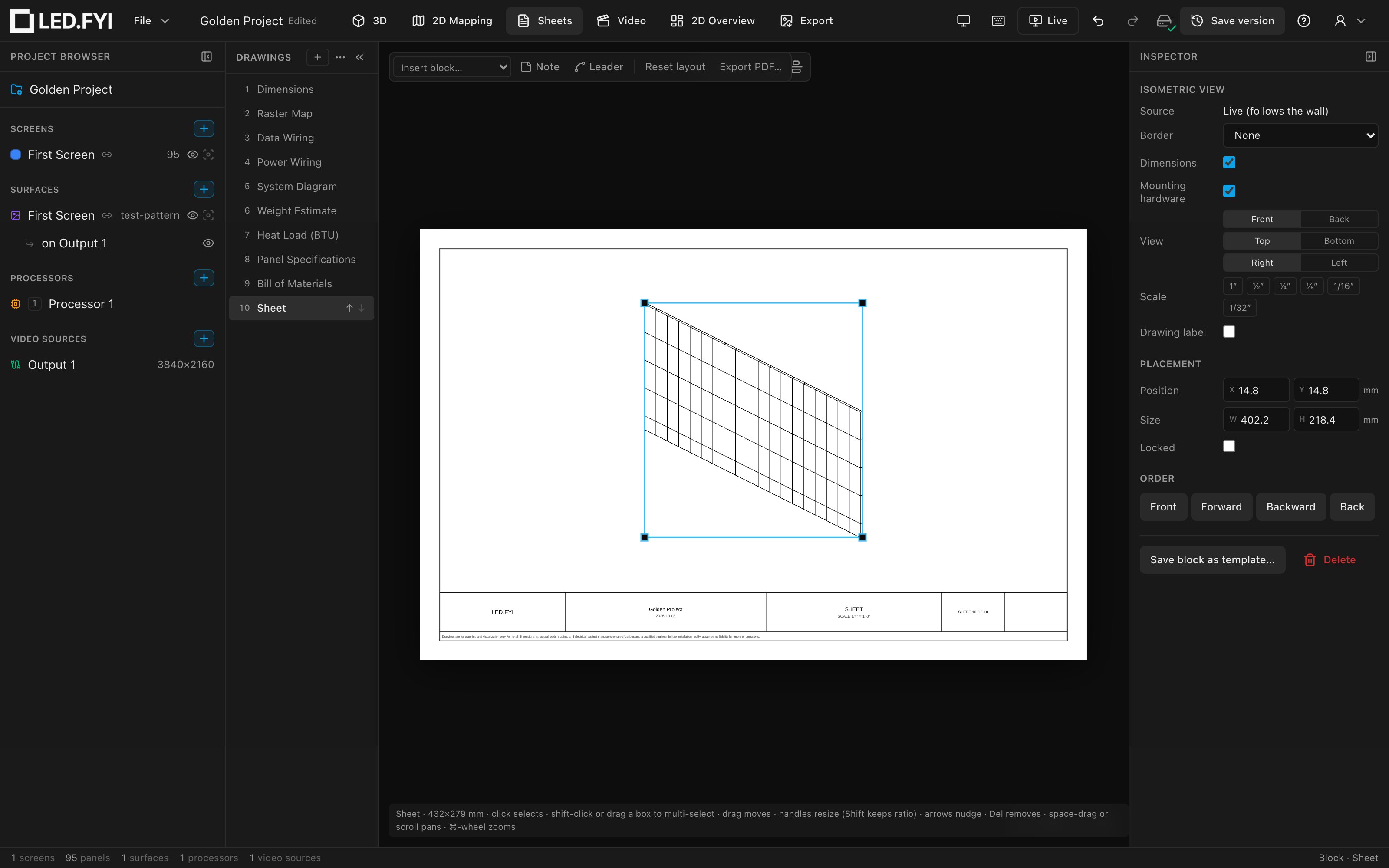 An Isometric View block with its Inspector: View octant toggles, scale presets and placement