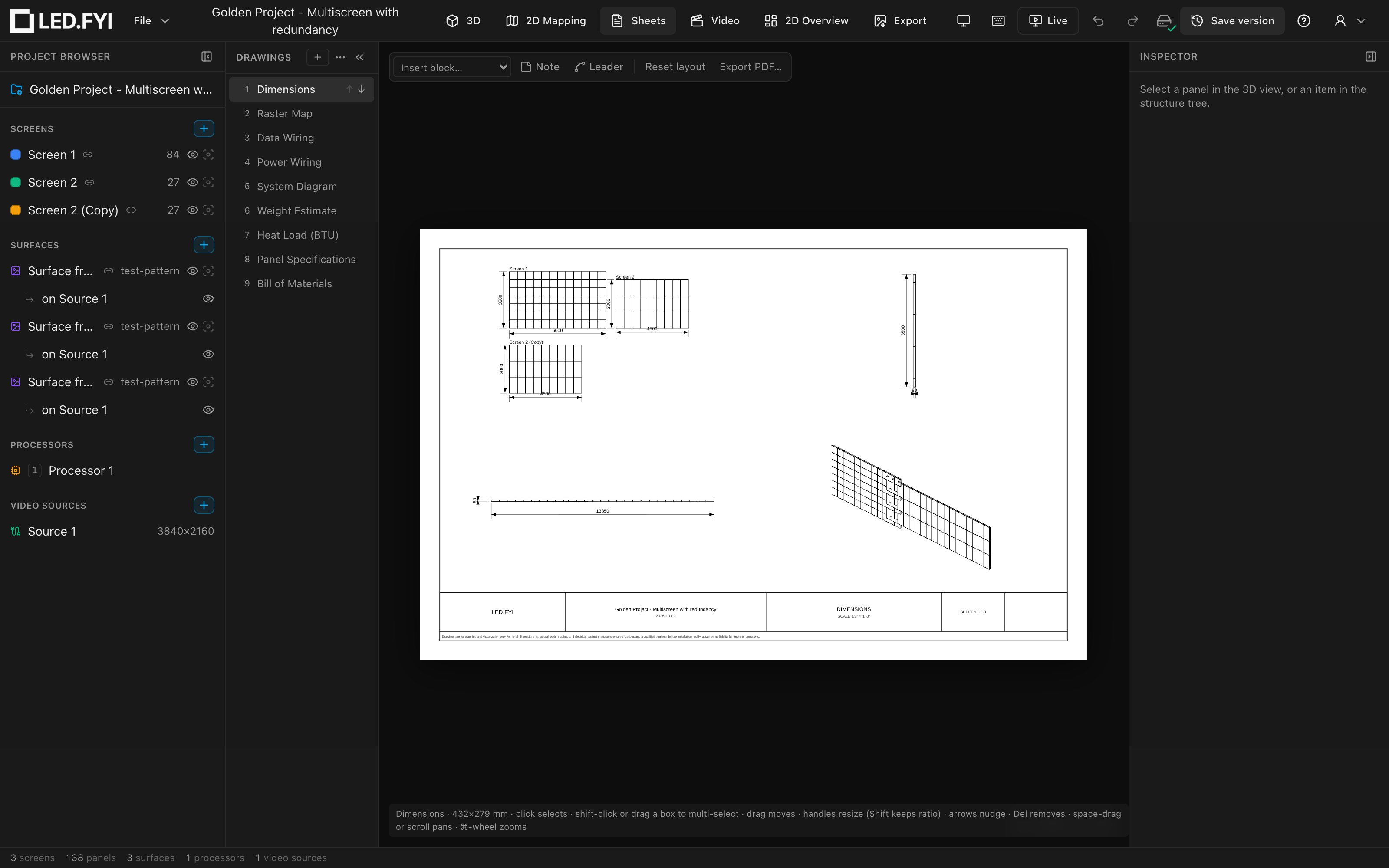A multi-screen wall elevation: three screens side by side, each with its own dimensions and name label