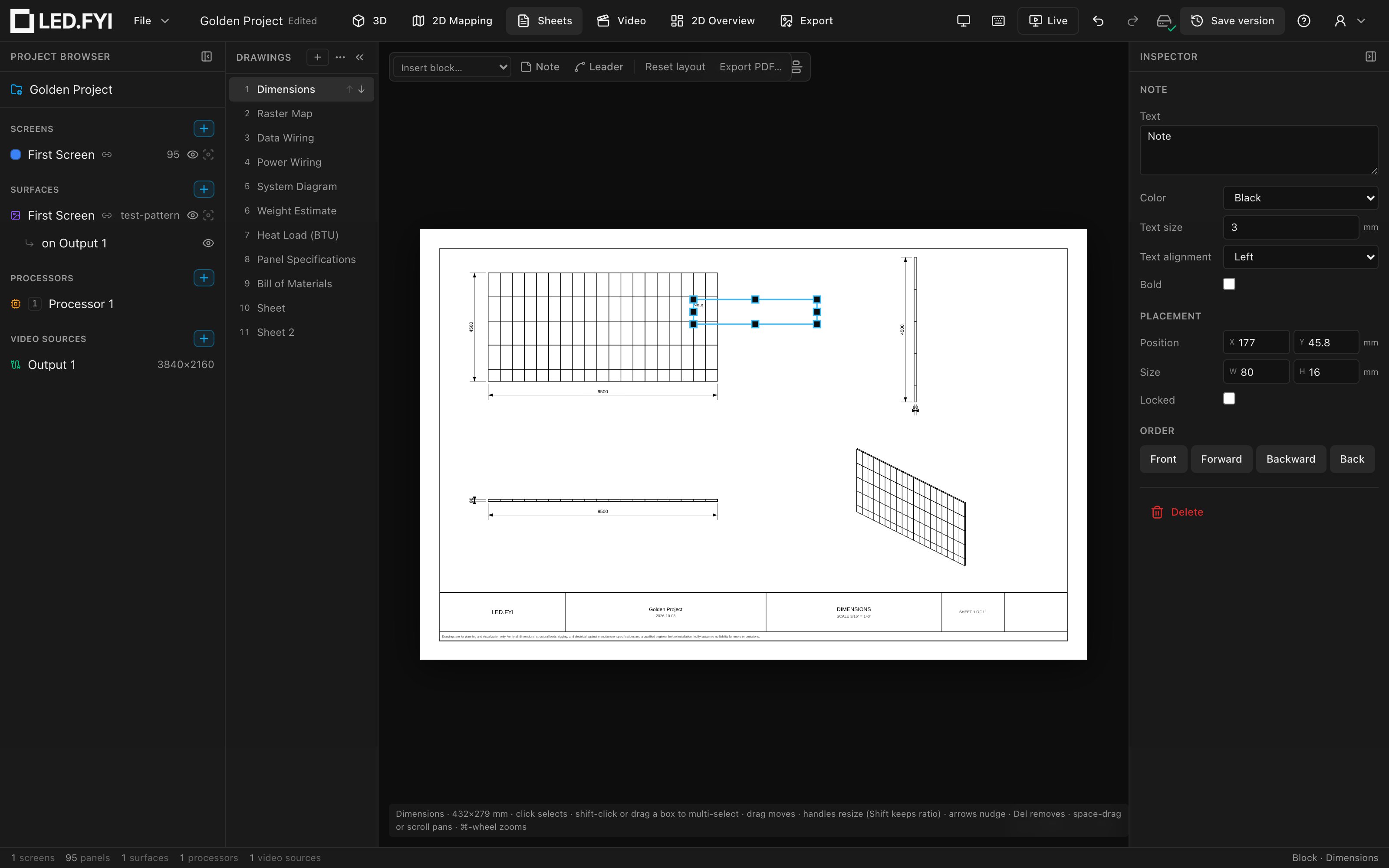 A freshly placed note selected on the elevation sheet, with its text editor in the Inspector