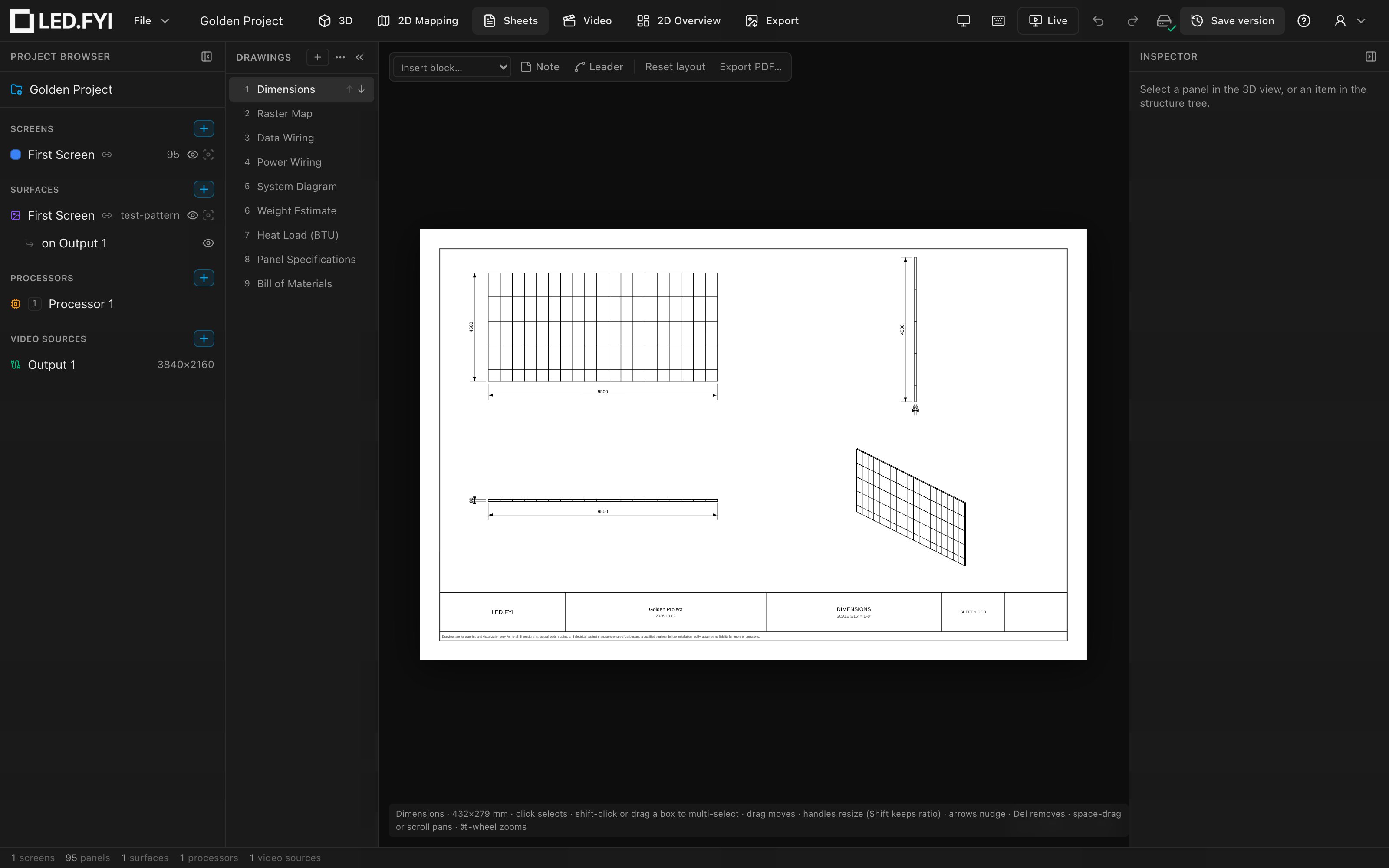 The Sheets workbench: the Drawings rail, the Dimensions sheet on the drafting canvas, the toolbar, and the sheet Inspector
