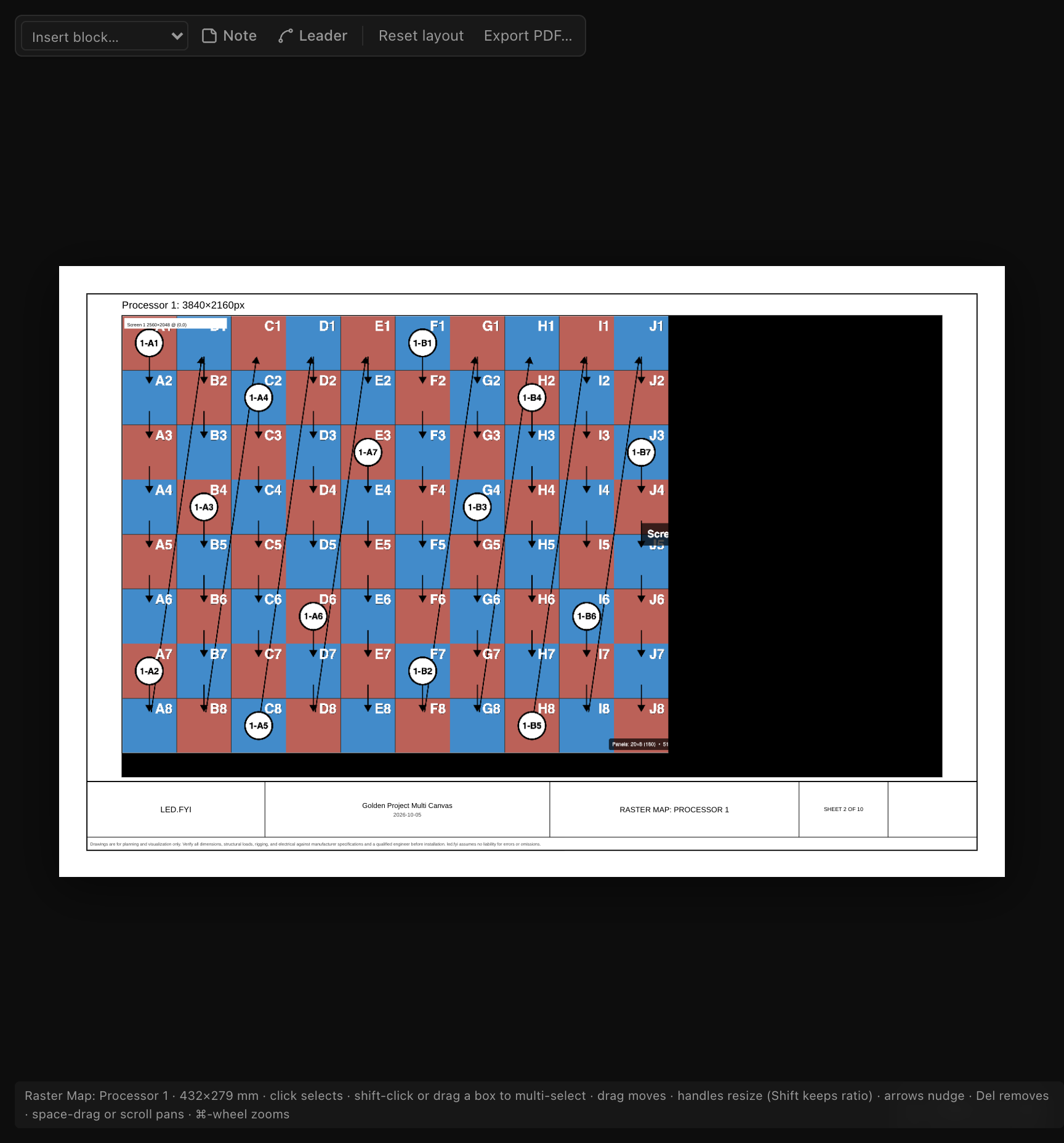 A Raster Map sheet for one processor: the canvas's test-pattern picture inside its 3840×2160 composite, with the surface placement labeled on a see-through white box
