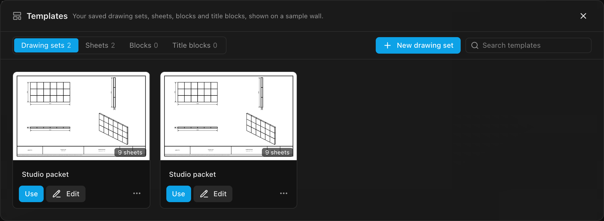 The Templates library: tabs for Drawing sets, Sheets, Blocks and Title blocks, a New drawing set button and search, and a drawing set card with its thumbnail, a 9-sheets badge, Use, Edit and a ⋯ menu