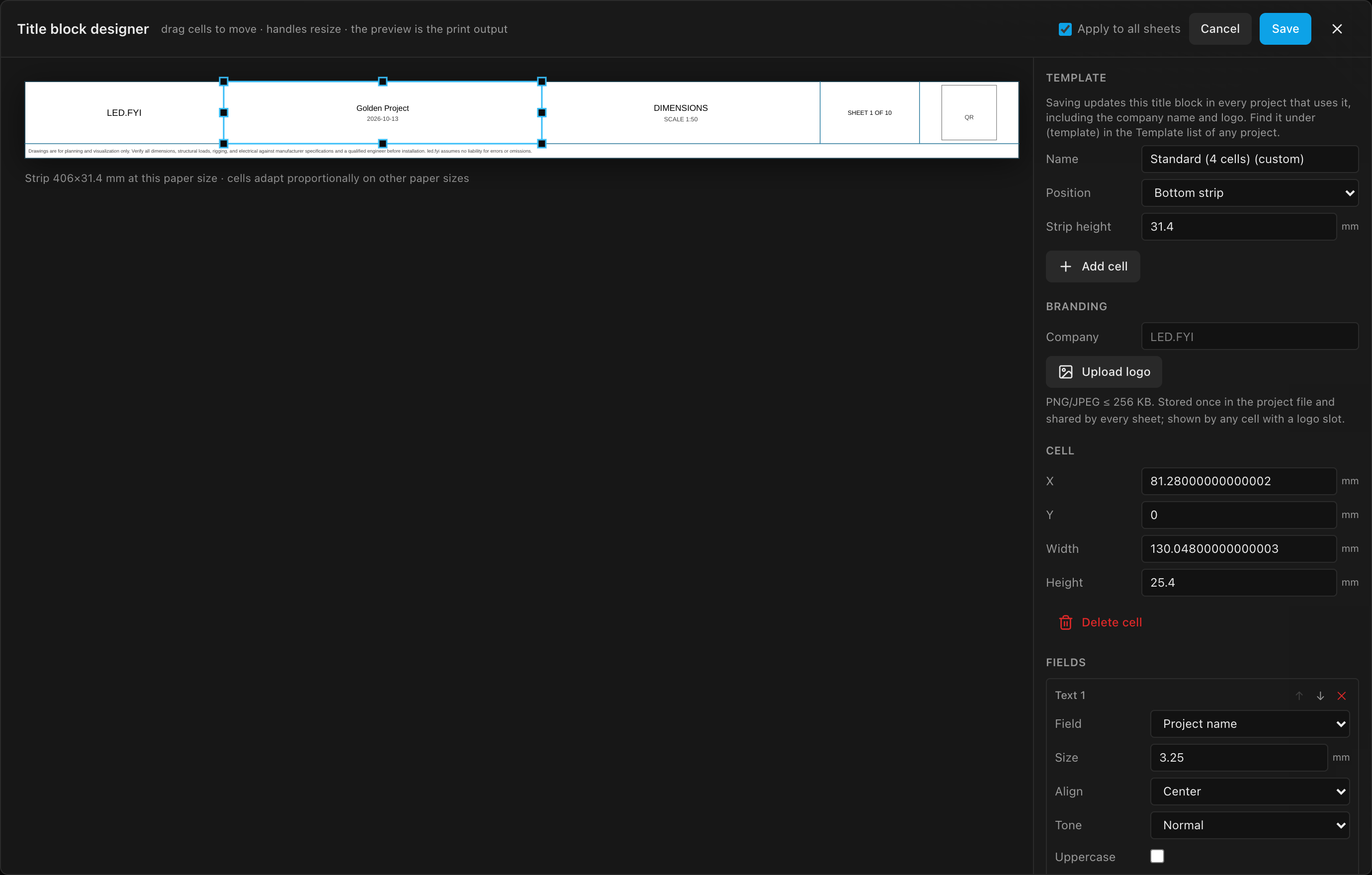 The title block designer: the WYSIWYG strip preview with a selected cell, and the Template, Branding, Cell and Fields editors