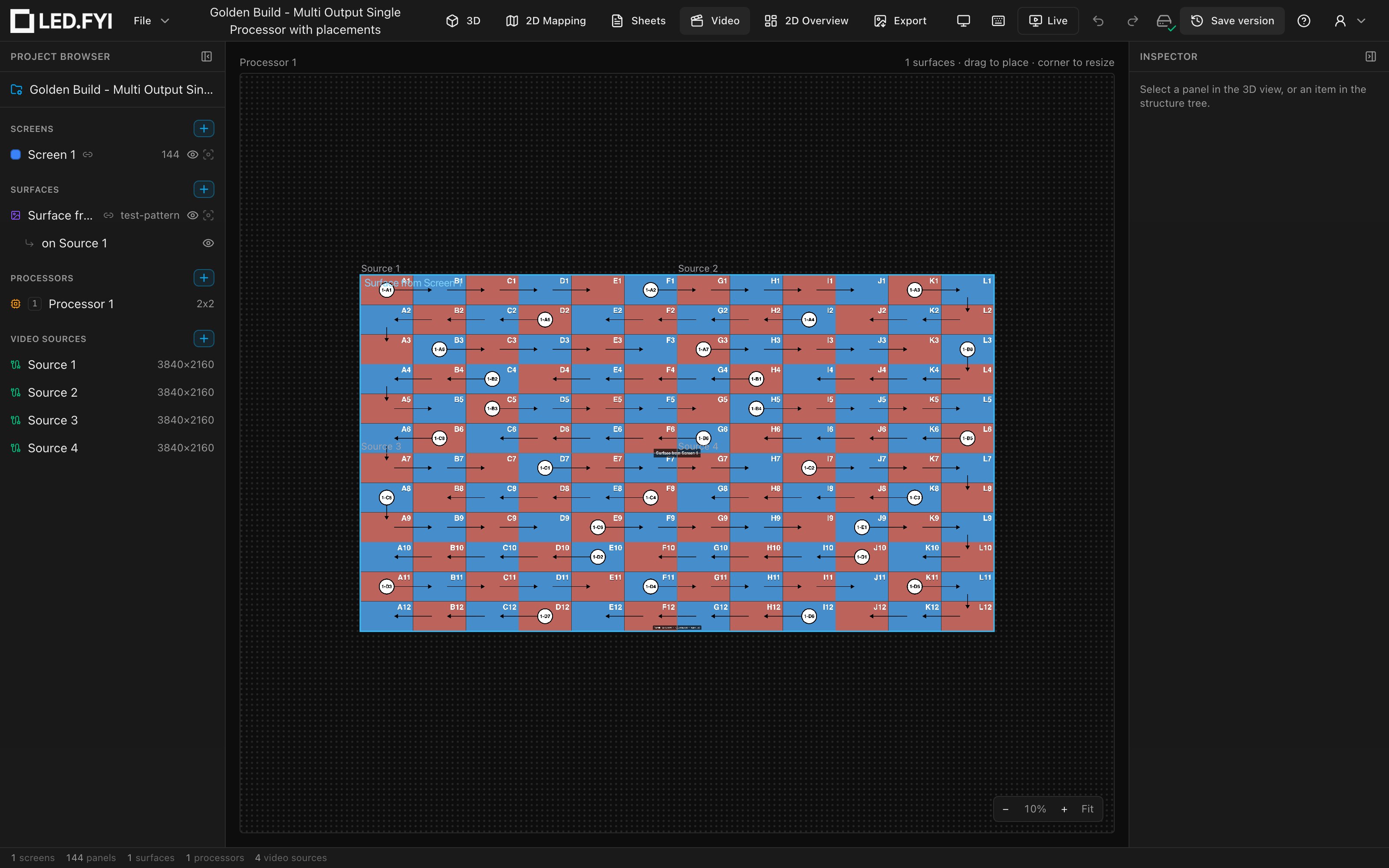 The Video workbench: a processor's stitched canvas with its input tiles, placement outlines and the zoom pill