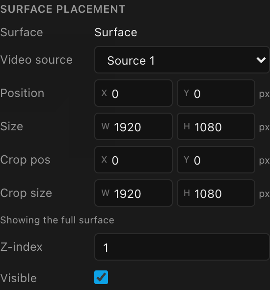 The Surface placement form: video source, position, size, crop, z-index, visibility
