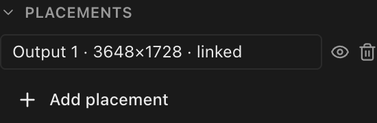 The Placements list: one row per placement with show/hide and delete
