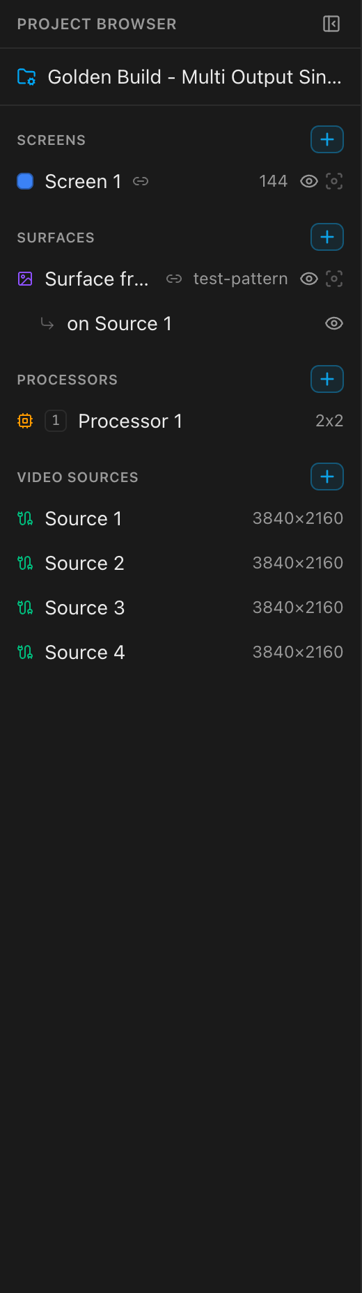 The sidebar: a linked screen and surface each wearing the link chip, the surface's nested placement row, and the four video sources