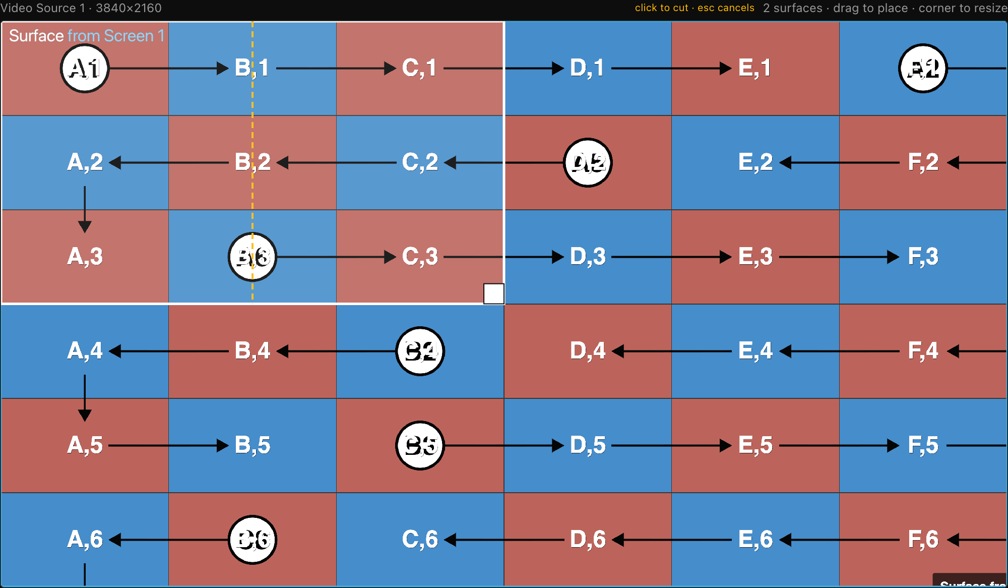 Split mode: the dashed cut line at the midpoint, with the "click to cut · esc cancels" hint