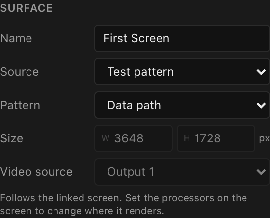 The Surface section of a screen-linked surface: name, source, pattern, size, and video source