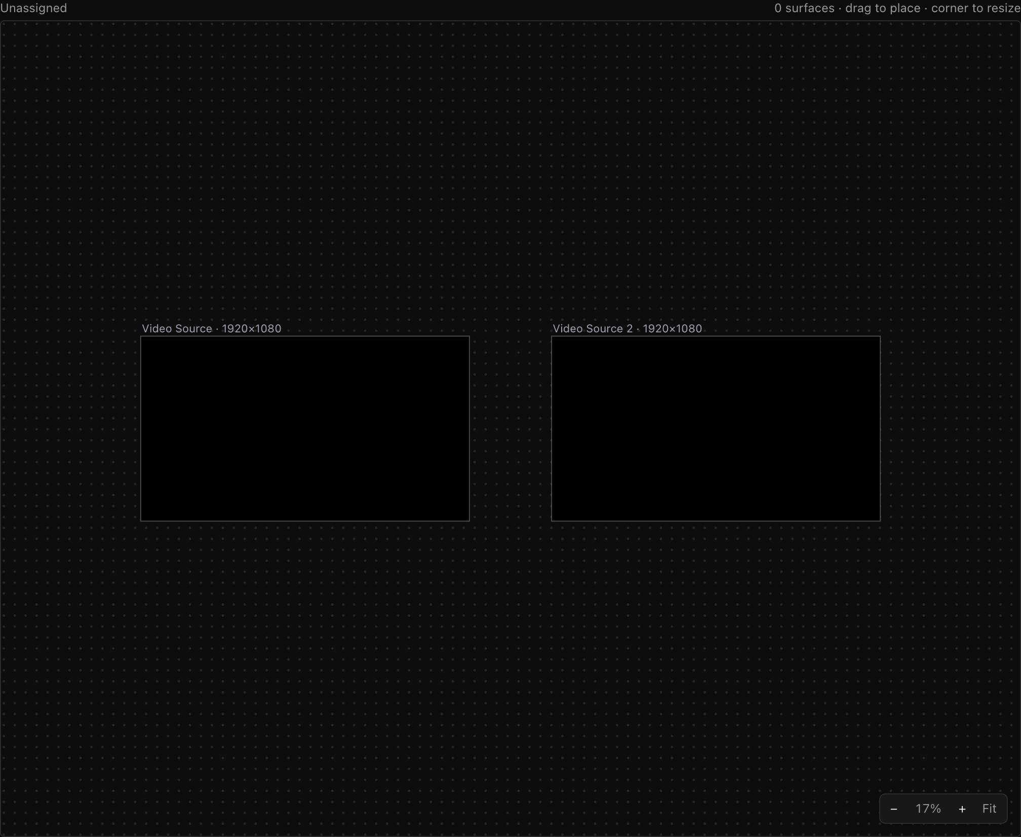 The Unassigned canvas: two loose video sources side by side on one shelf, each labelled with its name and resolution