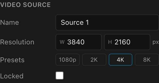 The Video source section: name, resolution, presets, and lock